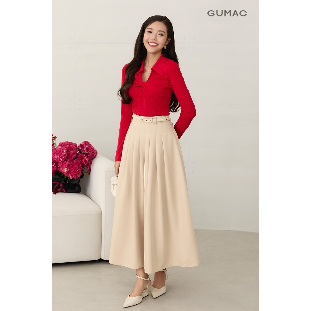 Áo polo GUMAC kiểu form slim tay dài xoắn ngực áo có đánh eo lai ngang APF12053