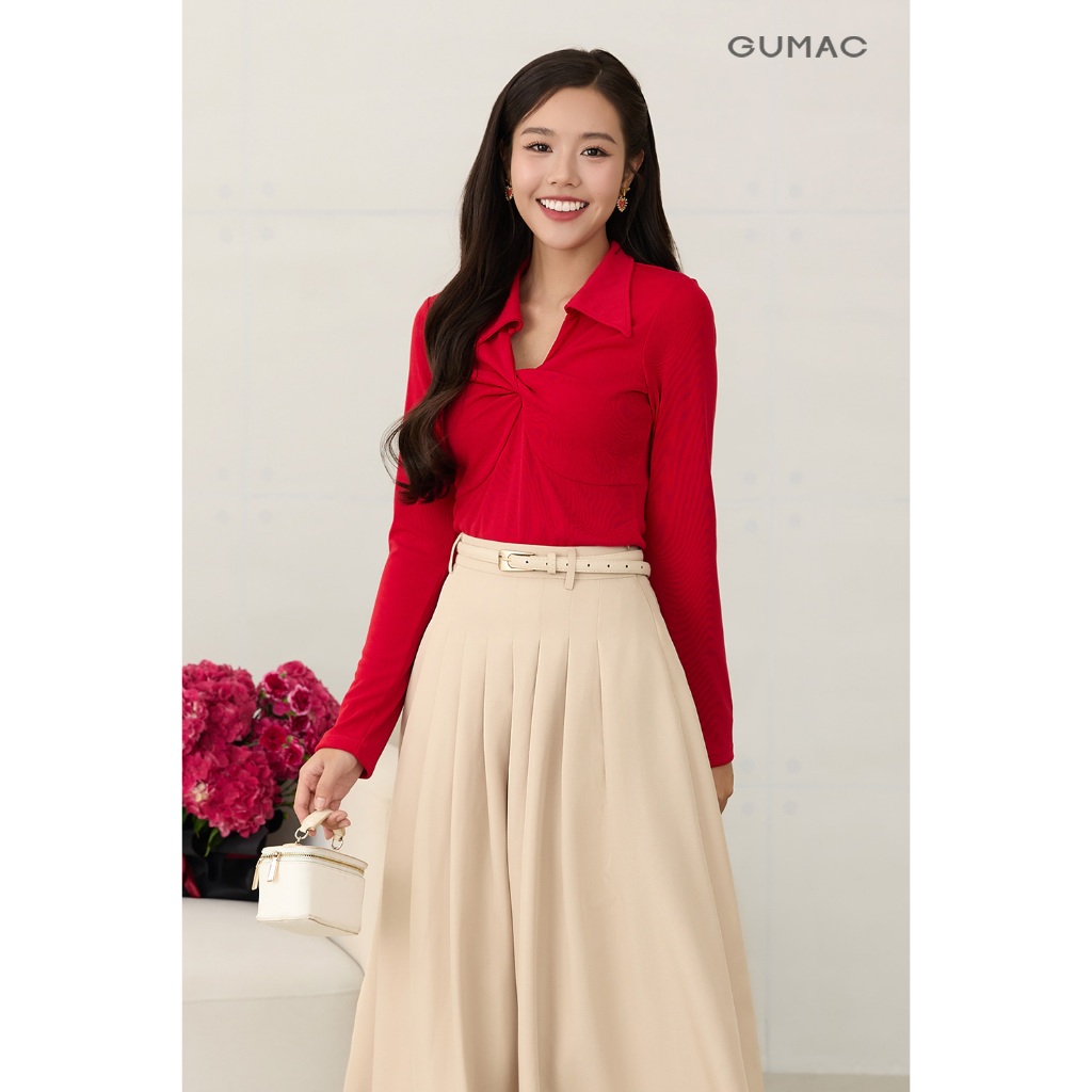 Áo polo GUMAC kiểu form slim tay dài xoắn ngực áo có đánh eo lai ngang APF12053