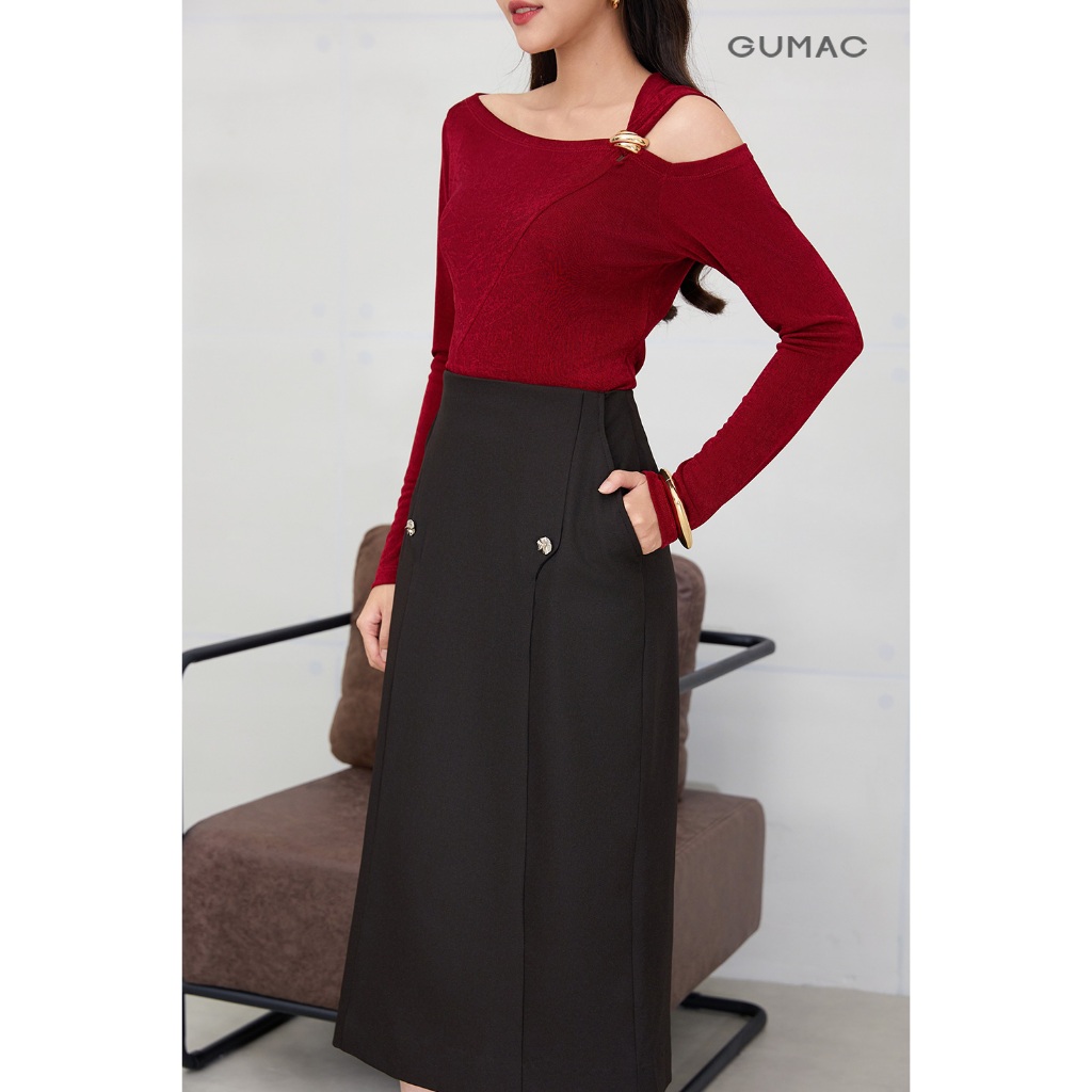 Chân váy GUMAC midi dáng suông lưng liền có hai túi sườn đính nút kiểu VF12056