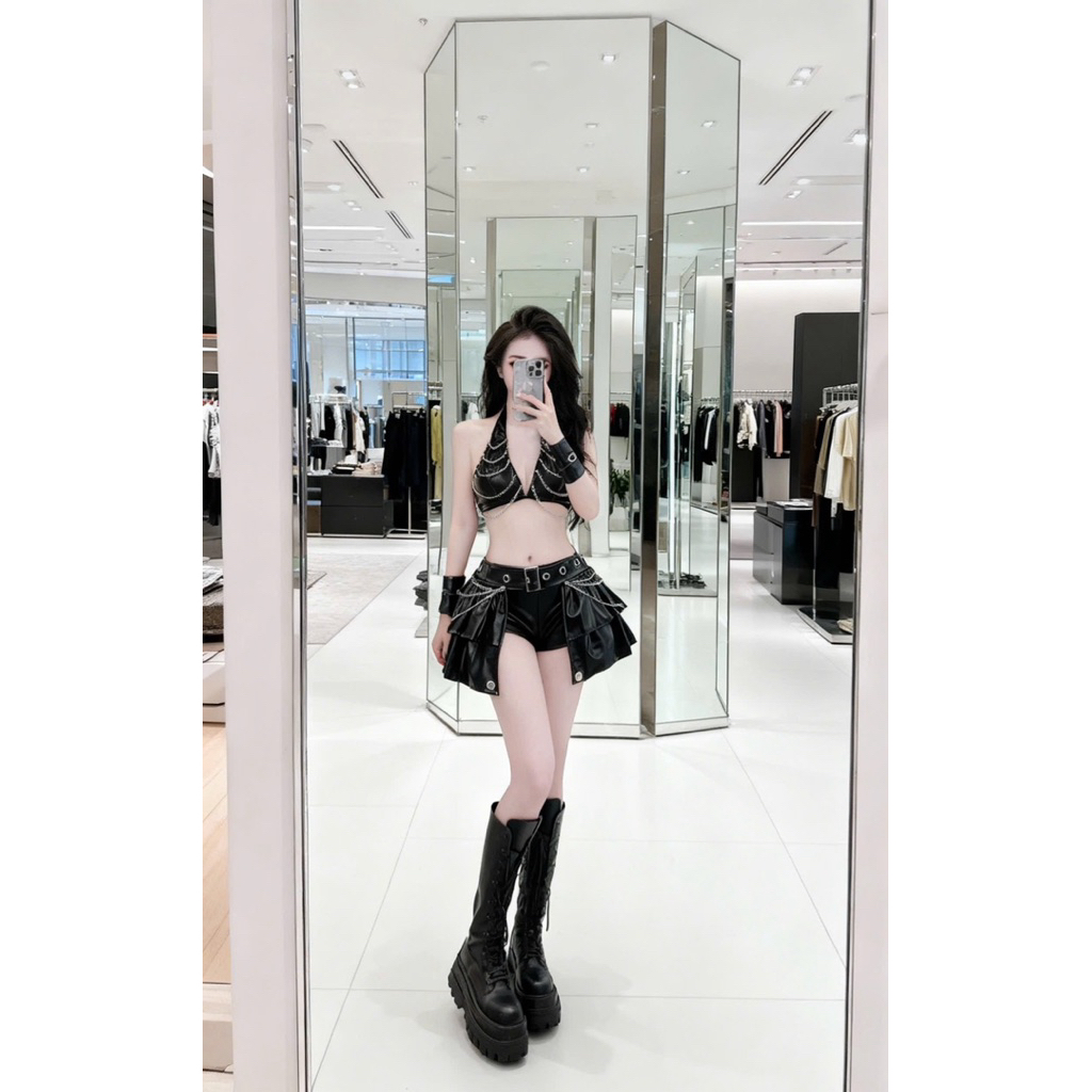 Set áo yếm da phối xích quần sooc phối váy xoè siu chất