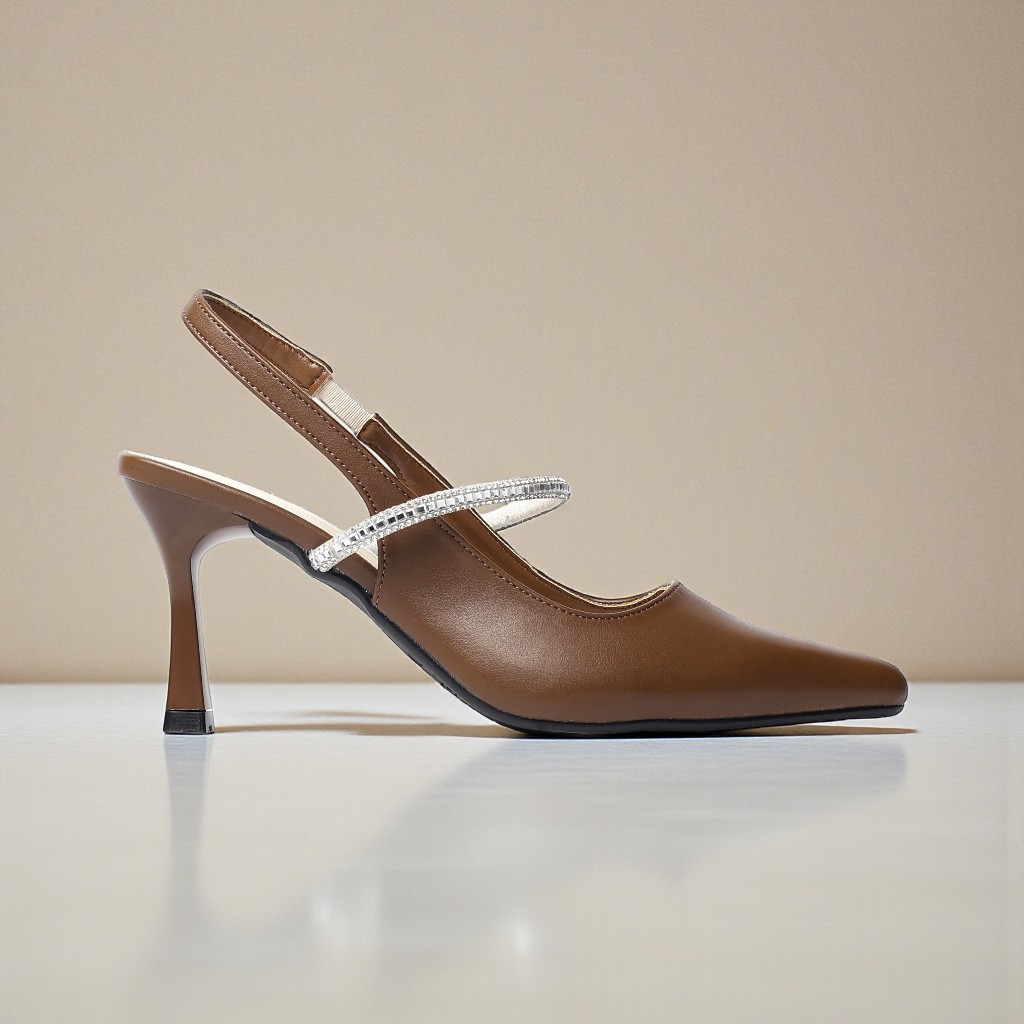 [XẢ KHO] Giày Cao Gót Slingback Mũi Nhọn Quai Ngang Đính Đá Gót Cao 7cm Pixie H385