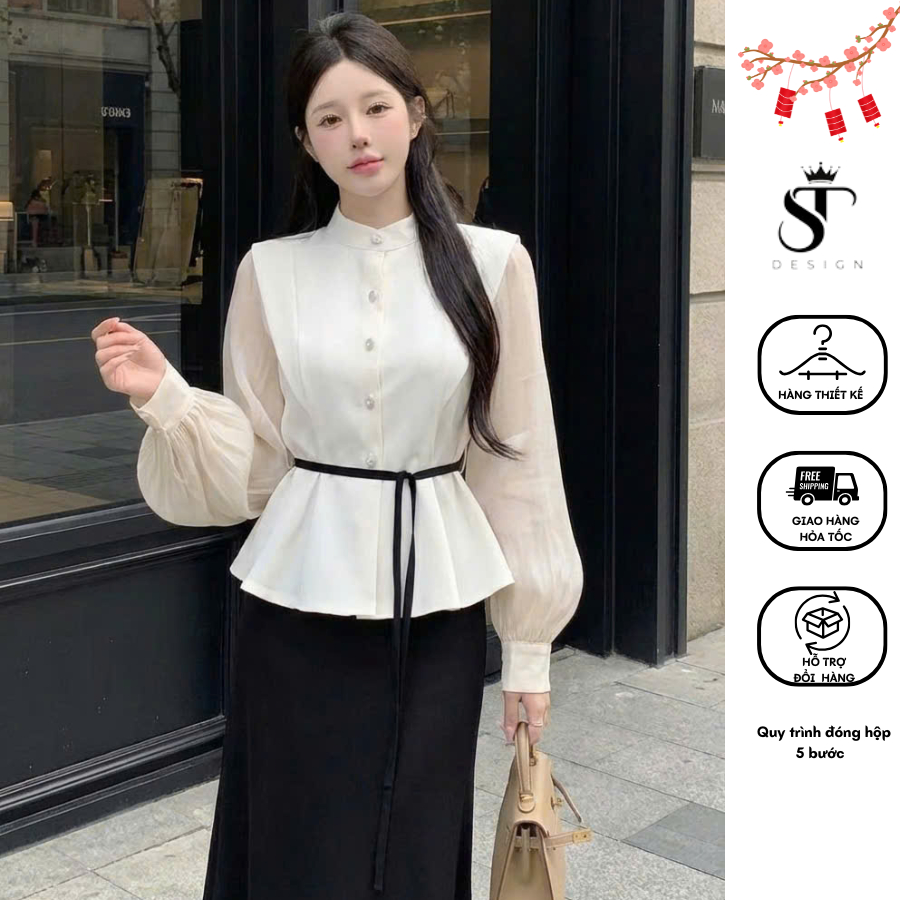 Áo Sơ Mi Nữ Chiết Eo Màu Be Thiết Kế Sang Trọng Tặng Dây Thắt Eo Phong Cách Hiện Đại - ST Design - 52