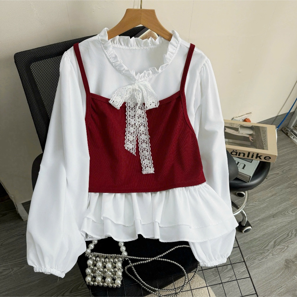 Áo Gile Nữ 2 Lớp Rời Phối Sơ Mi Bèo Ren Nơ – Set Ghi Lê Ruby Xinh Xắn Bigsize Nữ 55–92kg A347