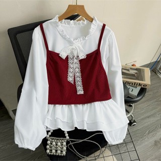 Áo Sơ Mi Phối Gile Bigsize Nữ 2 Món Tách Rời Dễ Thương Áo Tay Bồng Cho Chubby A347