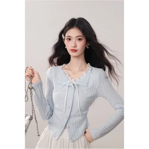 Áo Cardigan Nữ Mỏng Cổ V Buộc Nơ Màu Xanh Nhạt Phong Cách Tiểu Thư Hàn Quốc – Áo Len Nữ Dài Tay