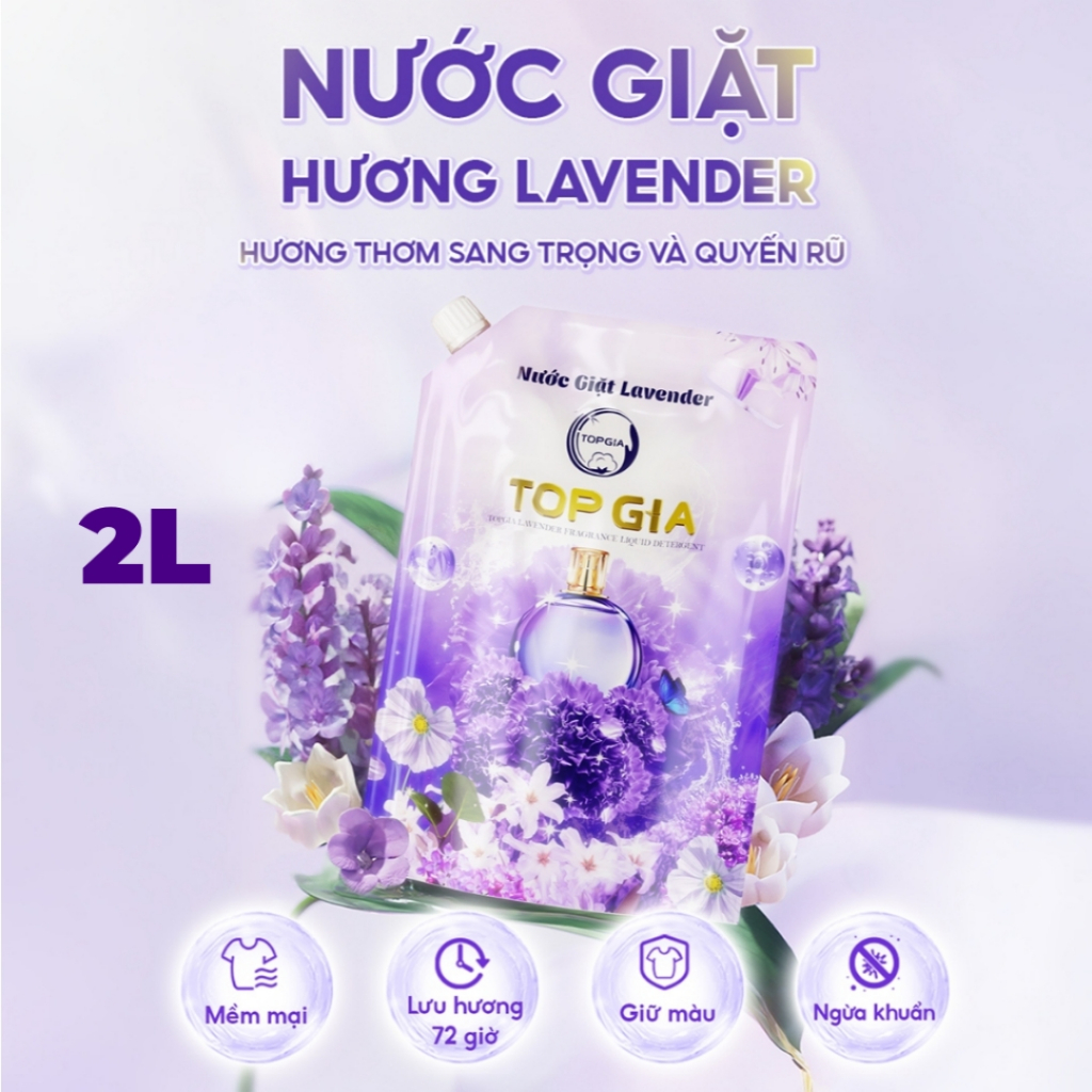 Nước Giặt TOP GIA 2L Cao Cấp, Hương Lavender / Hoa Hồng, Thơm Lâu 72 Giờ, Khử Khuẩn