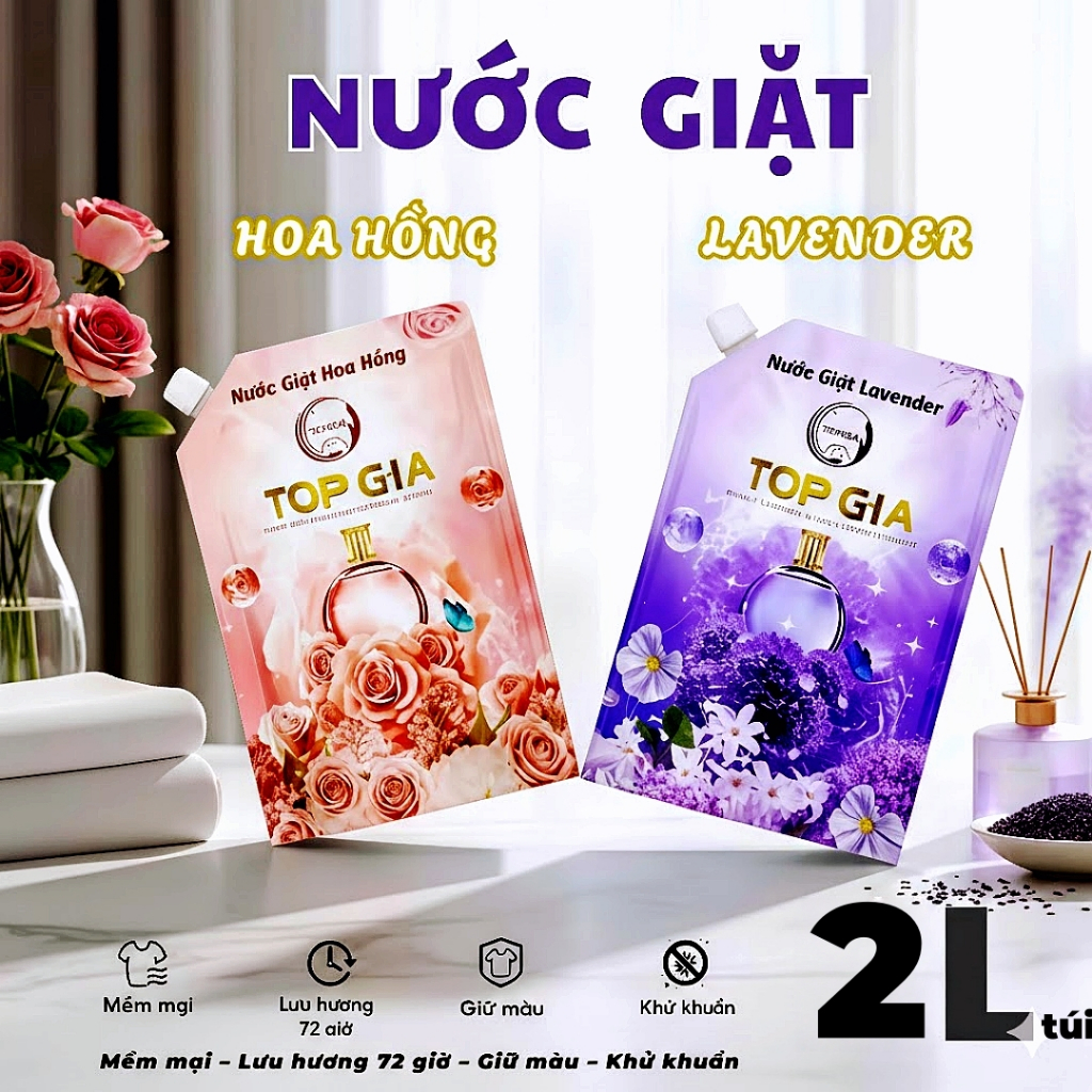 Nước Giặt TOP GIA 2L Cao Cấp, Hương Lavender / Hoa Hồng, Thơm Lâu 72 Giờ, Khử Khuẩn