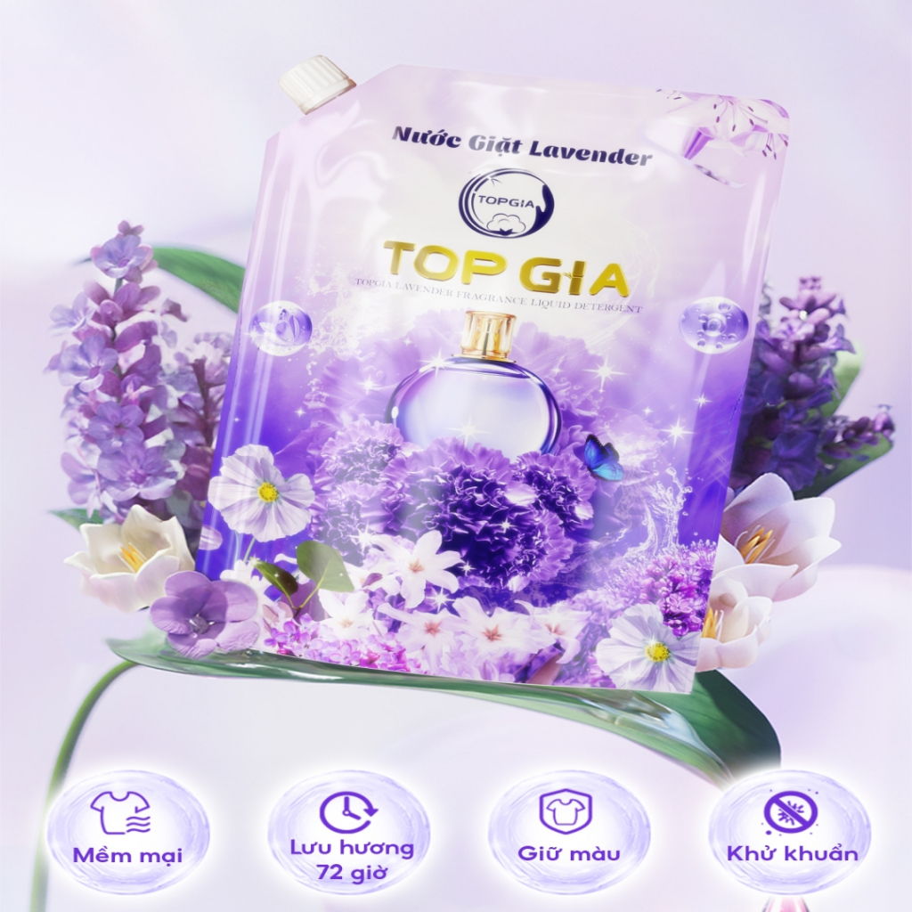 Nước Giặt TOP GIA 2L Cao Cấp, Hương Lavender / Hoa Hồng, Thơm Lâu 72 Giờ, Khử Khuẩn