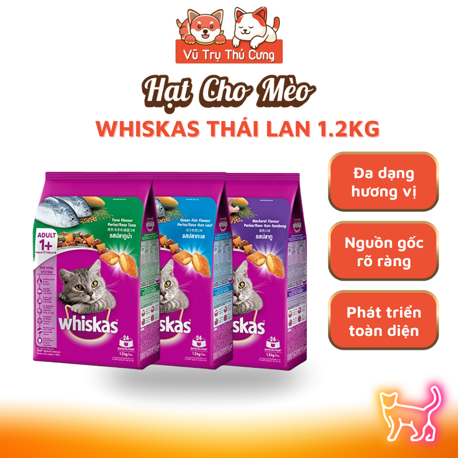 Hạt Whiskas dành cho mèo trưởng thành đủ 3 vị, bịch 1.2Kg