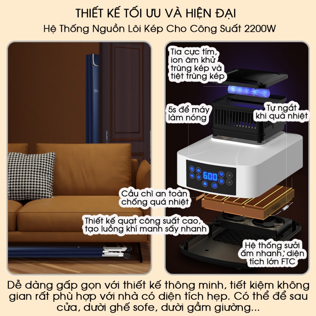 Máy Sấy Quần Áo công suất lớn 2600w, Tủ Sấy Quần Áo Gấp Gọn Khô Nhanh, UV Khử Mùi Diệt Khuẩn, Mốc