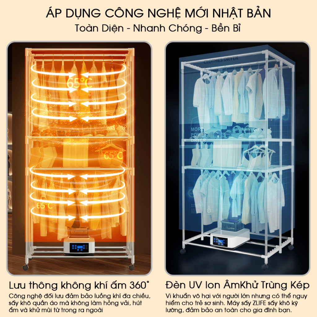 Máy Sấy Quần Áo công suất lớn 2600w, Tủ Sấy Quần Áo Gấp Gọn Khô Nhanh, UV Khử Mùi Diệt Khuẩn, Mốc
