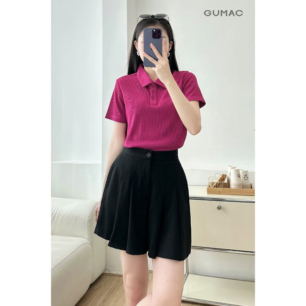 Áo Polo Nữ GUMAC Form Suông Tay Ngắn Phối Nút Đồng Màu Chất Thun Gân 4C Thoáng Mát PLE11074