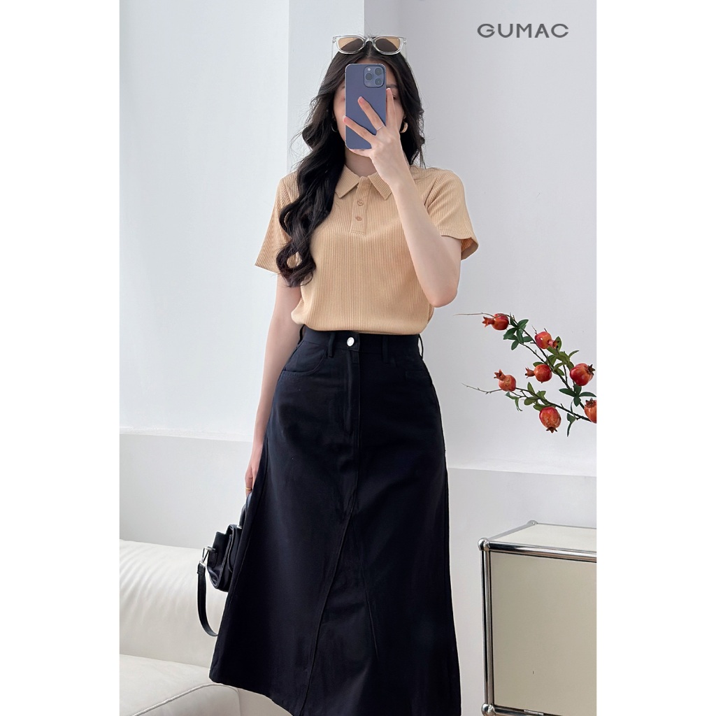 [SALE] Áo polo nữ GUMAC tay ngắn nẹp cổ gài 3 nút cùng màu áo PLE11074