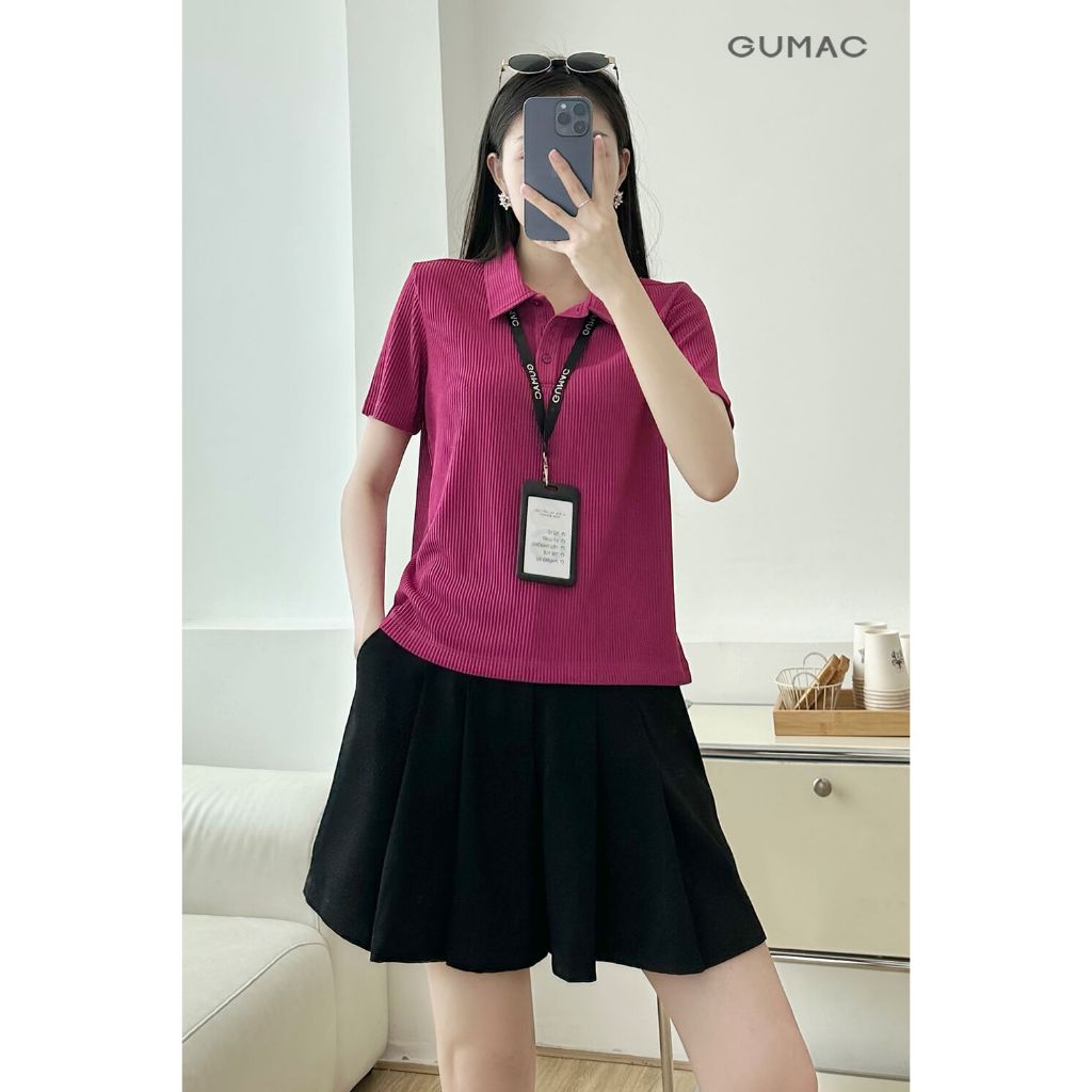 Áo Polo Nữ GUMAC Form Suông Tay Ngắn Phối Nút Đồng Màu Chất Thun Gân 4C Thoáng Mát PLE11074