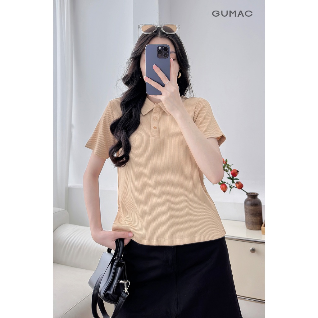 [SALE] Áo polo nữ GUMAC tay ngắn nẹp cổ gài 3 nút cùng màu áo PLE11074