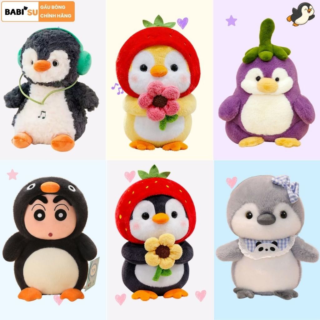 Gấu bông chim cánh cụt cosplay cà tím, shin,dâu lá cao cấp, Thú nhồi bông chim cánh cục dễ thương làm quà tặng cho bé,nữ