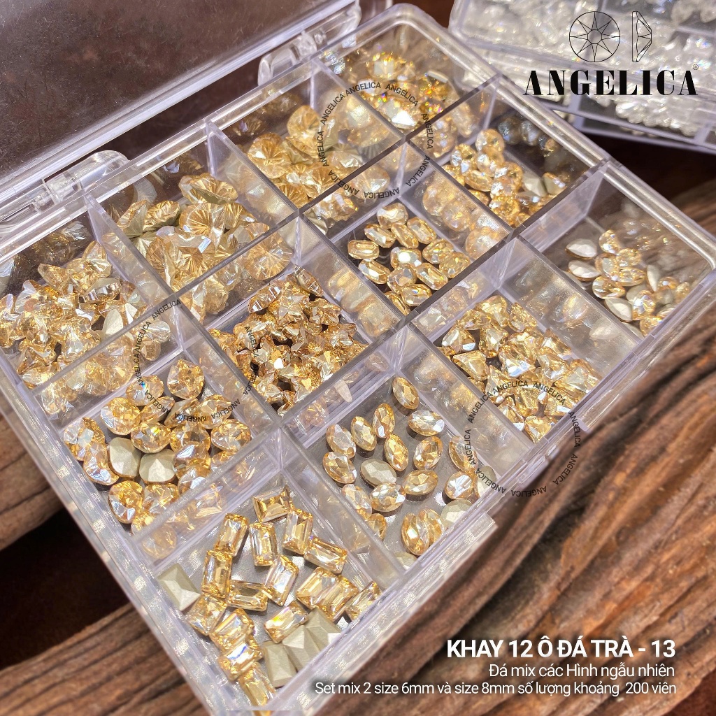 Khay Đá Khối ANGELICA Chân Vàng 12 Ô Mix Size ( 200 Viên ) Siêu Sáng,Không Bung Chân -Trang Trí Nail