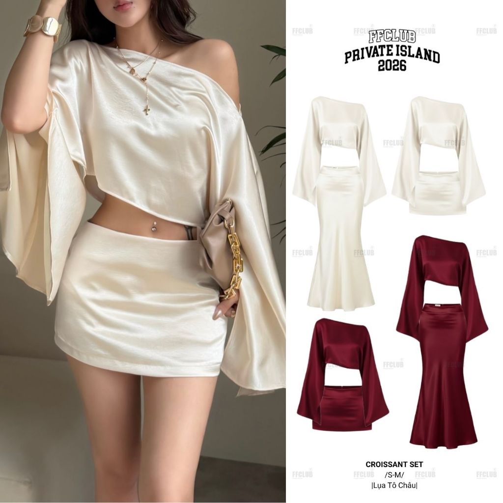 Set Áo lụa form Crop trễ vai CROISSANT đi kèm chân váy Lụa 2 lớp  FFCLUB