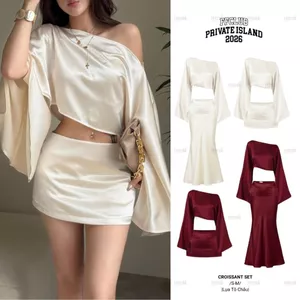 FFCLUB - Set Áo lụa form Crop trễ vai CROISSANT đi kèm chân váy Lụa 2 lớp Set dự tiệc
