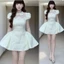 DX_ Đầm váy ngắn, Đầm Xược Hàn ôm dáng kiểu cổ sen phối Lưới đính hoa tay phồng kèm quần