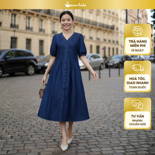 SWANLAKE | Váy Đầm Nữ Midi Suông Trơn Cài Nút Denim Jean Wash Tay Ngắn Cổ Chữ V Công Sở D13352