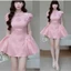 DX_ Đầm váy ngắn, Đầm Xược Hàn ôm dáng kiểu cổ sen phối Lưới đính hoa tay phồng kèm quần