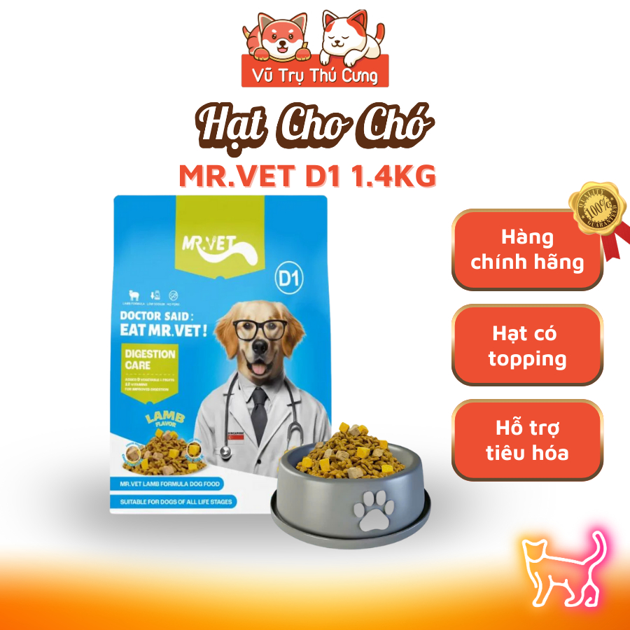 (1.4Kg) Thức Ăn Hạt Mr.Vet Cho Chó Không Độn Ngũ Cốc & Topping Thịt Sấy