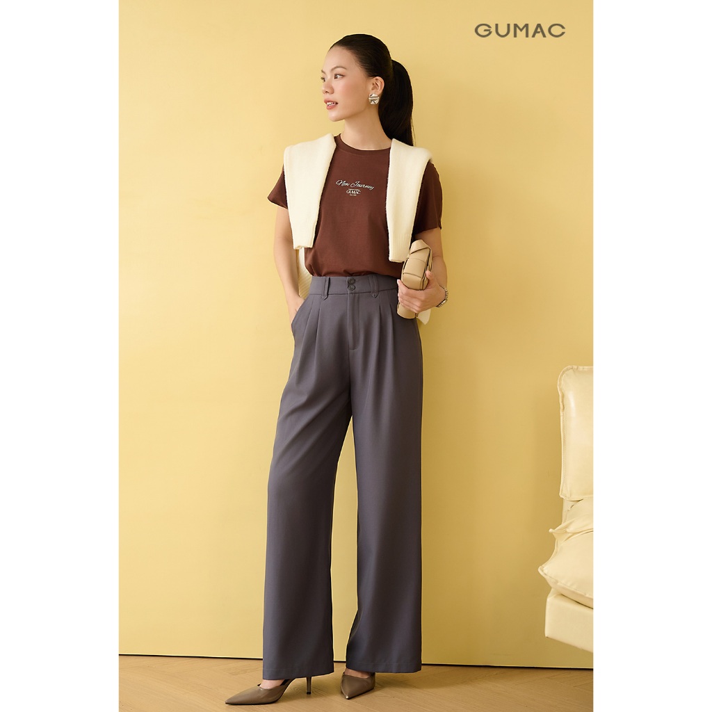 Áo Thun Nữ Cổ Tròn GUMAC Tay Ngắn Form Regular Thêu Chữ Chất Cotton 2C Thoáng Mát ATF09005