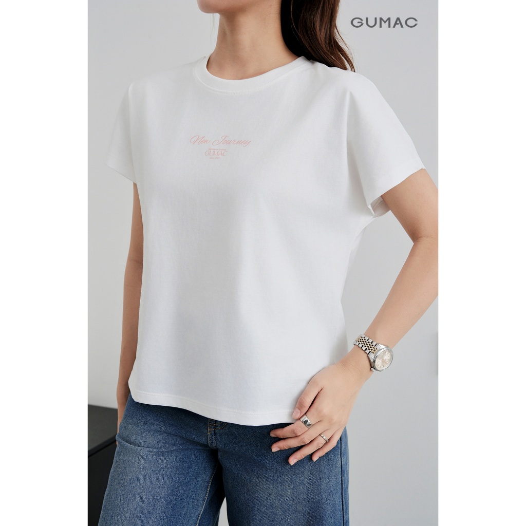 Áo Thun Nữ Cổ Tròn GUMAC Tay Ngắn Form Regular Thêu Chữ Chất Cotton 2C Thoáng Mát ATF09005