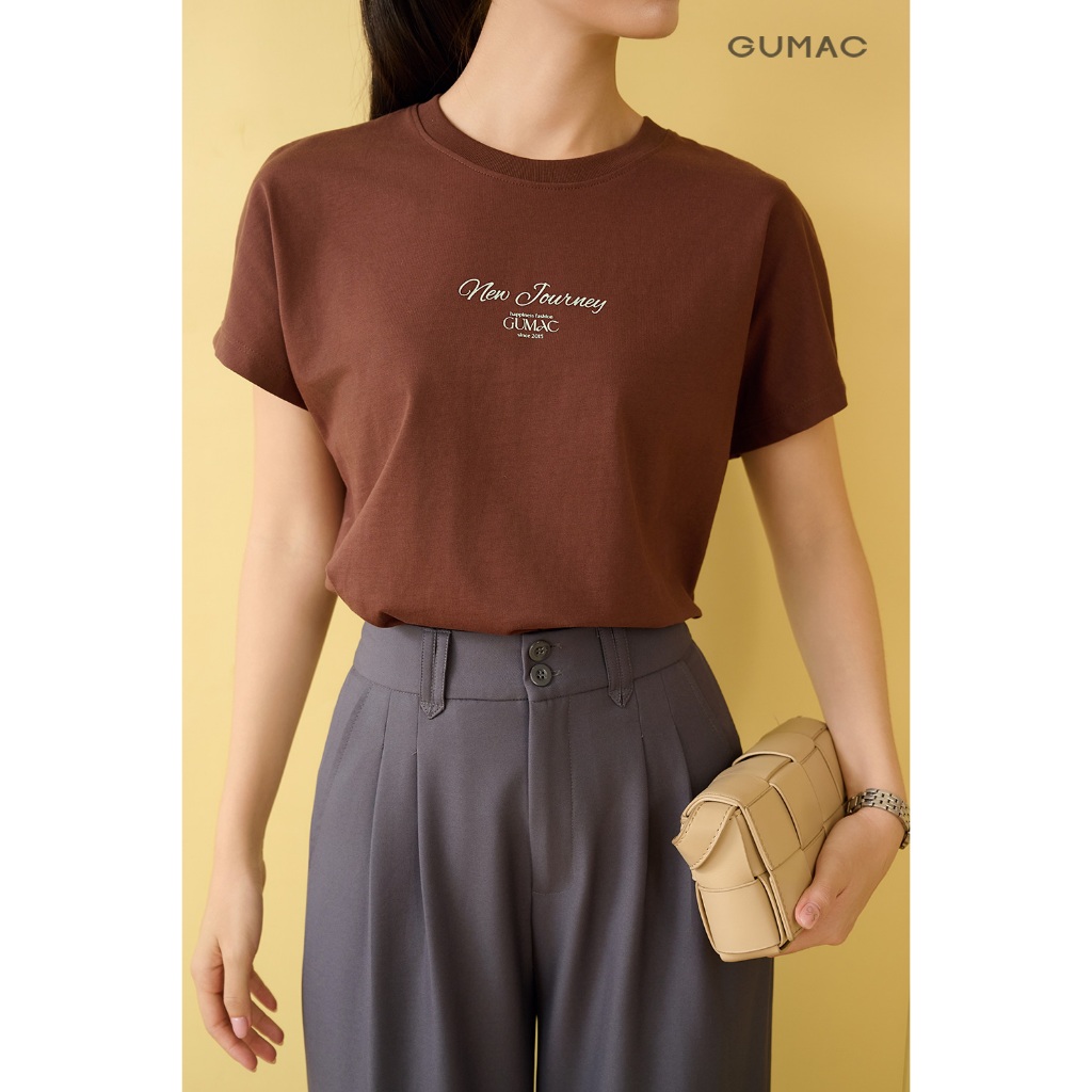 Áo Thun Nữ Cổ Tròn GUMAC Tay Ngắn Form Regular Thêu Chữ Chất Cotton 2C Thoáng Mát ATF09005