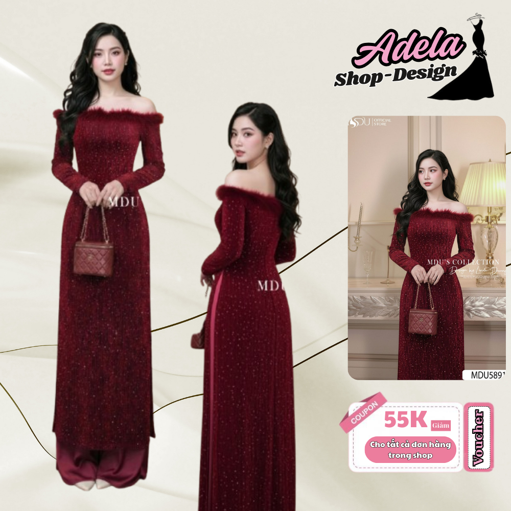 Váy Dạ Hội Thiết Kế ADELA DESIGN Nhũ Kim Sa Trễ Vai Đỏ Rượu Vang MDU5891
