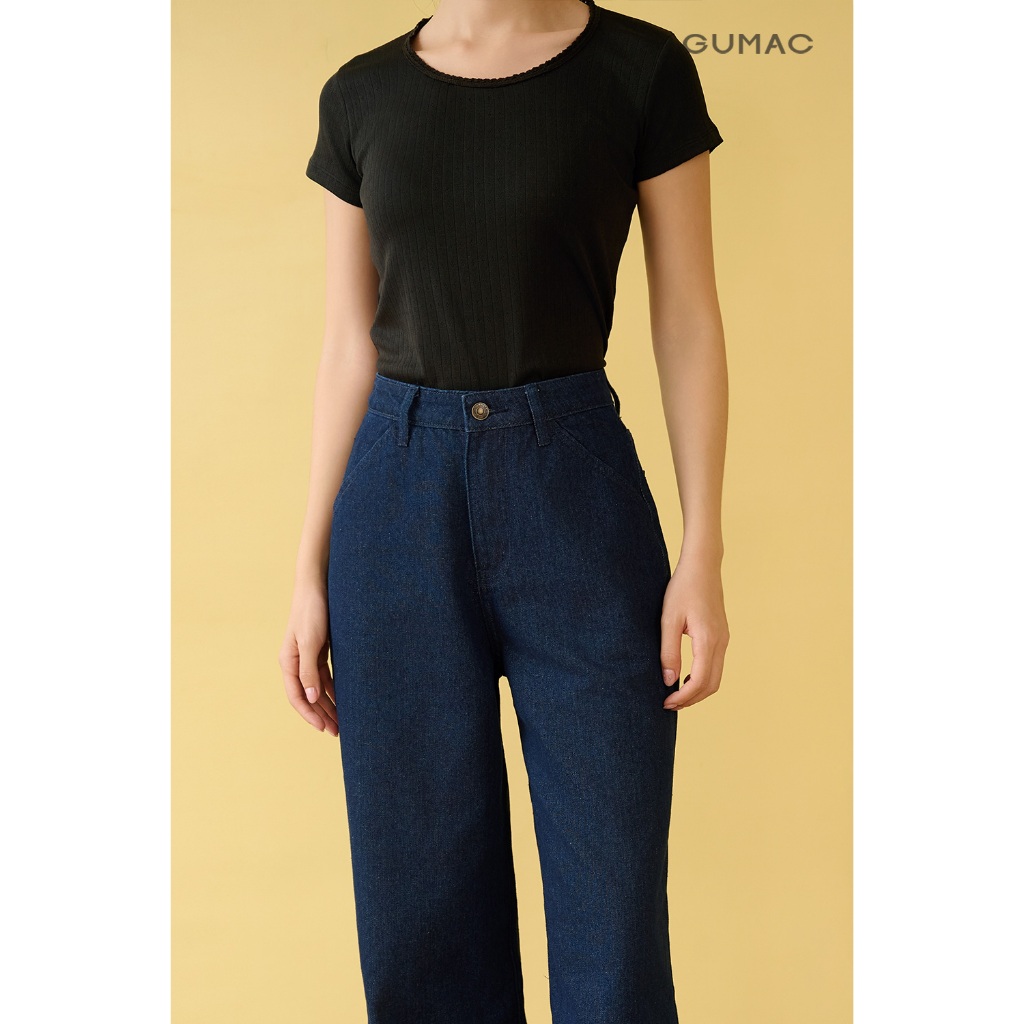 Áo Thun Nữ Cổ Tròn GUMAC Form Slim Tay Ngắn Phối Ren Cổ Cách Điệu ATF10048