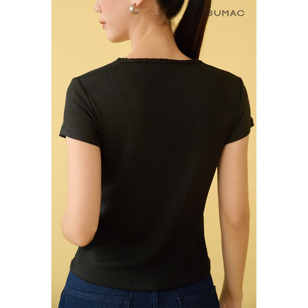 Áo Thun Nữ GUMAC Form Slim Nhẹ Tay Ngắn Cổ U Viền Ren Thanh Lịch ATF10048