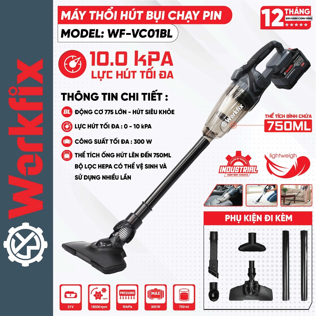 Máy hút bụi dùng pin WORKFIX WF-VC01BL, Công suất 300W 10KPA, Thể tích chứa 750ml, Bộ lọc HEPA