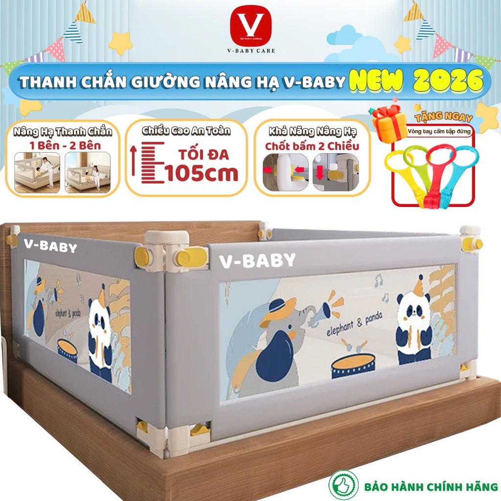(Mẫu Mới) Thanh Chắn Giường V-BABY Nâng Cấp Mới 2026, Chắn Giường Cho Bé Nâng Hạ 1 & 2 Bên Chiều Cao Tối Đa 105cm