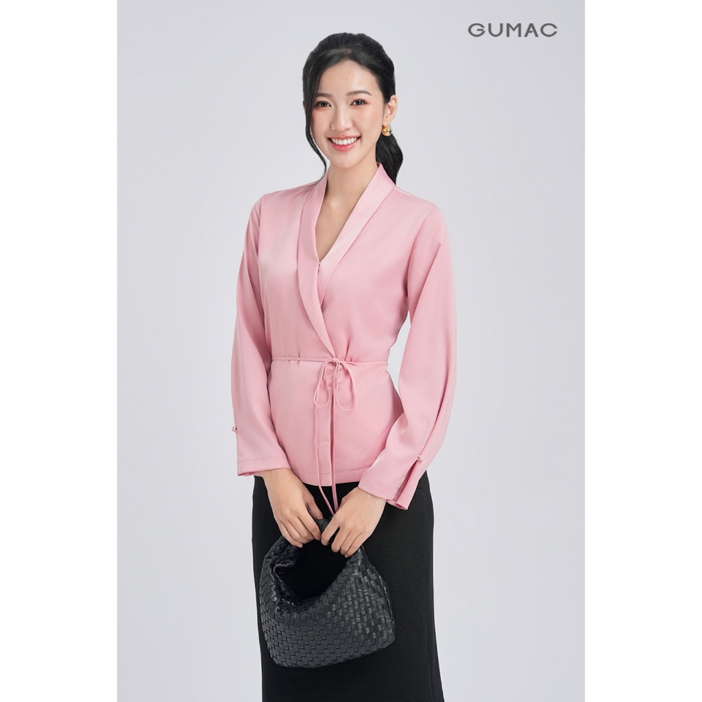 Áo Sơ Mi Nữ Tay Dài GUMAC Form Suông Cổ V Đắp Chéo Kèm Dây Thắt Eo AE07066