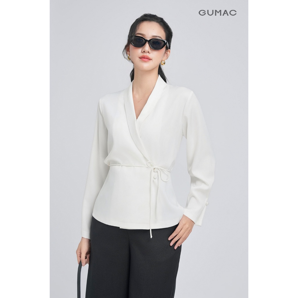 Áo Sơ Mi Nữ Tay Dài GUMAC Form Suông Cổ V Đắp Chéo Kèm Dây Thắt Eo AE07066