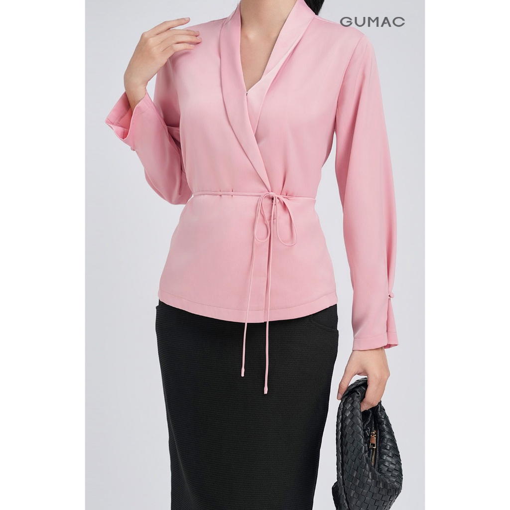 Áo Sơ Mi Nữ Tay Dài GUMAC Form Suông Cổ V Đắp Chéo Kèm Dây Thắt Eo AE07066