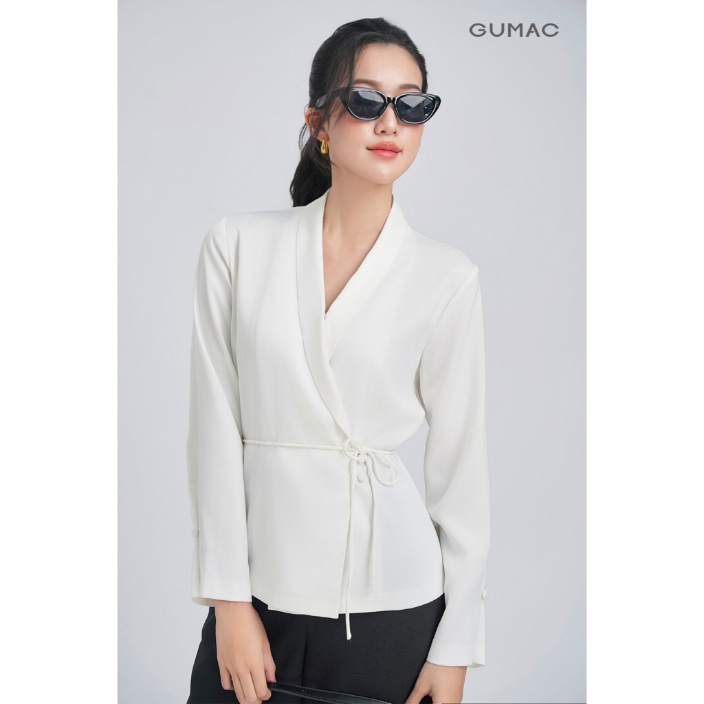 Áo Sơ Mi Nữ Tay Dài GUMAC Form Suông Cổ V Đắp Chéo Kèm Dây Thắt Eo AE07066