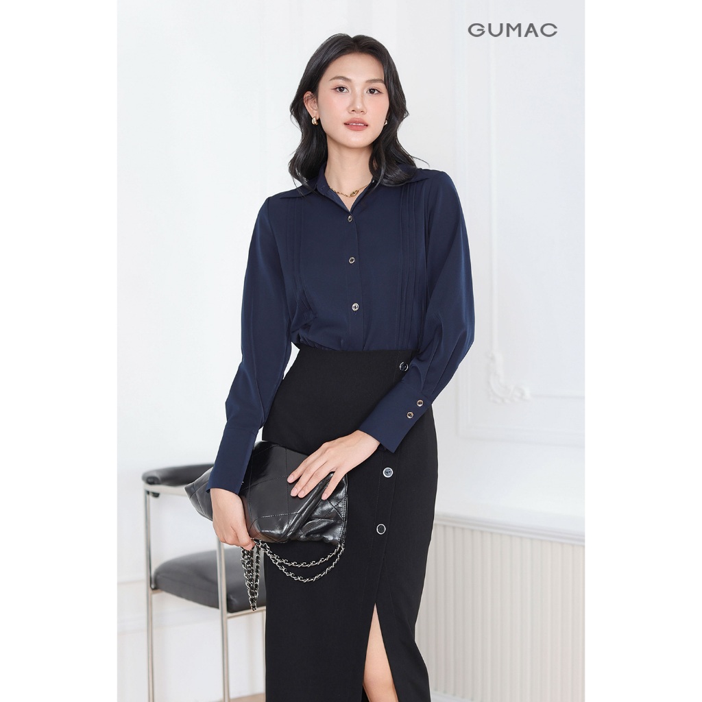 Áo Sơ Mi Nữ Tay Dài GUMAC Form Suông Kiểu Chiết Ly Phối Lá Cổ Nhọn Thanh Lịch AF03007