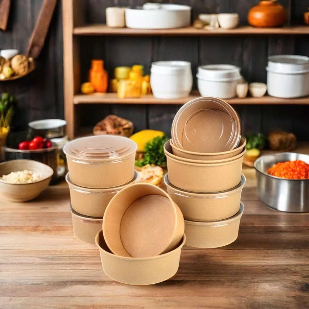 Set 100 Cốc giấy Kraft 1000ml cao cấp dùng 1 lần đựng thức ăn, dùng được lò vi sóng