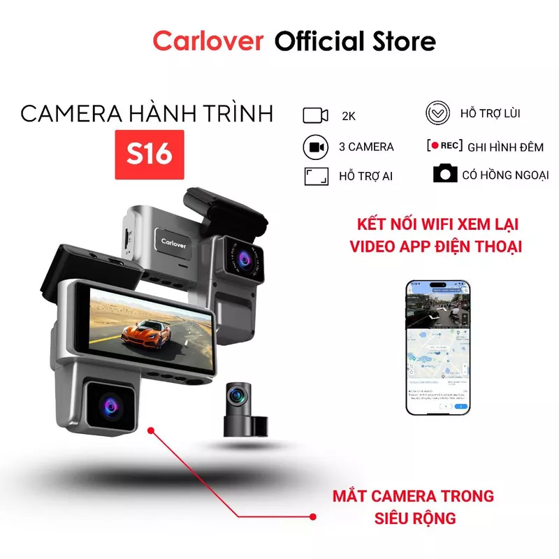 Camera hành trình ô tô S16 CARLOVER 3 mắt Phân giải 2K Ghi trước trong sau Ghi đêm hồng ngoại Kết nối điện thoại BH 1năm — ảnh 1