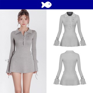 Váy dài tay dáng ngắn cổ polo DKMV thiết kế cổ cài nút phối viền ren tay áo thắt dây nơ màu xám Jina Dress| K-D39-X
