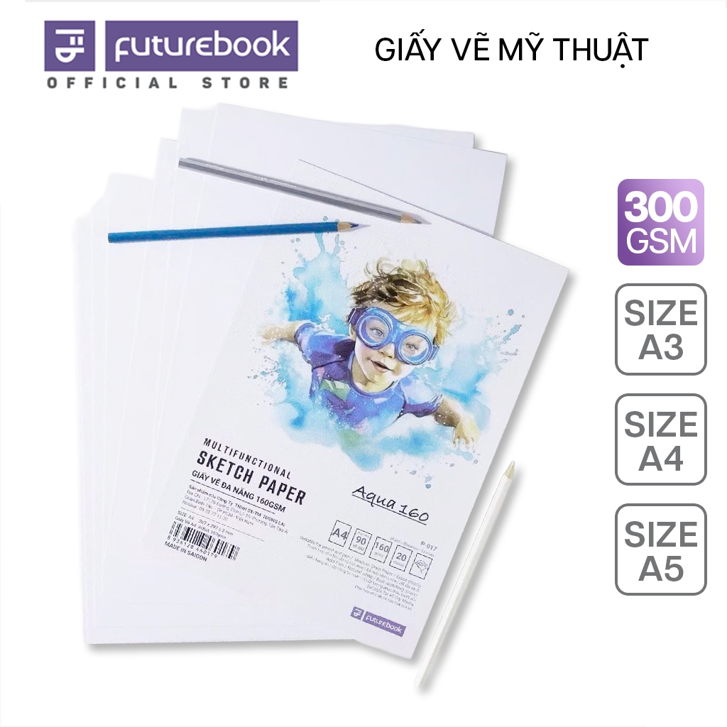 Giấy Vẽ Mỹ Thuật FUTUREBOOK 160/300GSM A3/A4/A5, Vẽ Màu Nước, Acrylic, Set 10 T