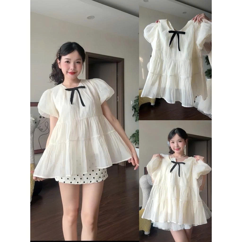 [Áo Kèm Nơ] Áo Nữ Kiểu Babydoll Xoè Tay Bồng Tiểu Thư Công Chúa Chất Tơ Xốp Mềm Mịn Siêu Xinh MS131
