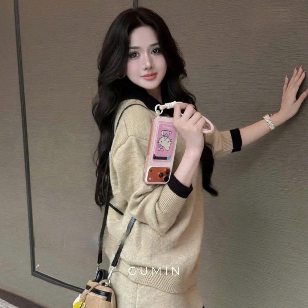Set áo váy len GUMIN thiết kế áo len suông phối cổ bẻ dáng thụng kèm chân váy dáng ngắn sang trọng thanh lịch