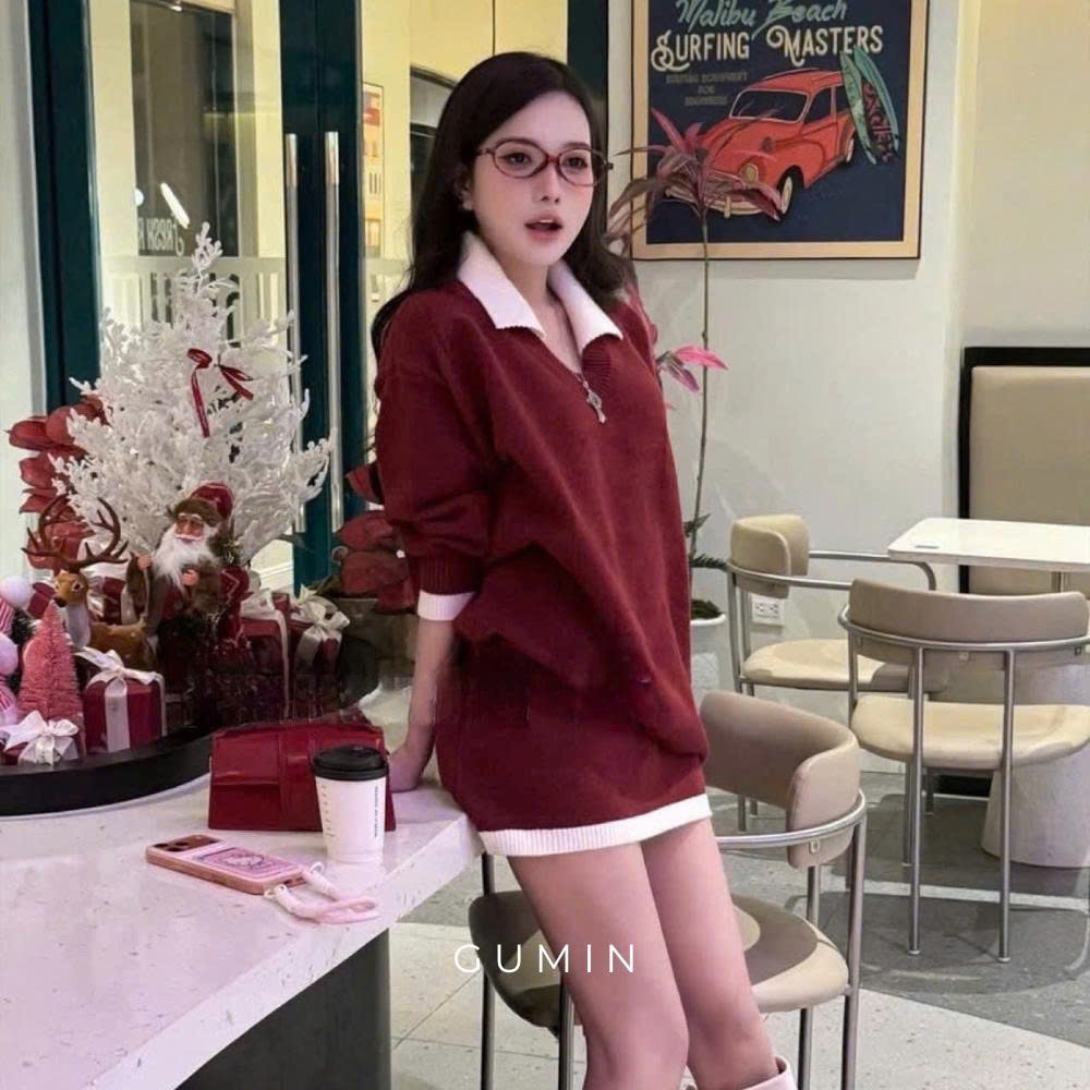 Set áo váy len GUMIN thiết kế áo len suông phối cổ bẻ dáng thụng kèm chân váy dáng ngắn sang trọng thanh lịch