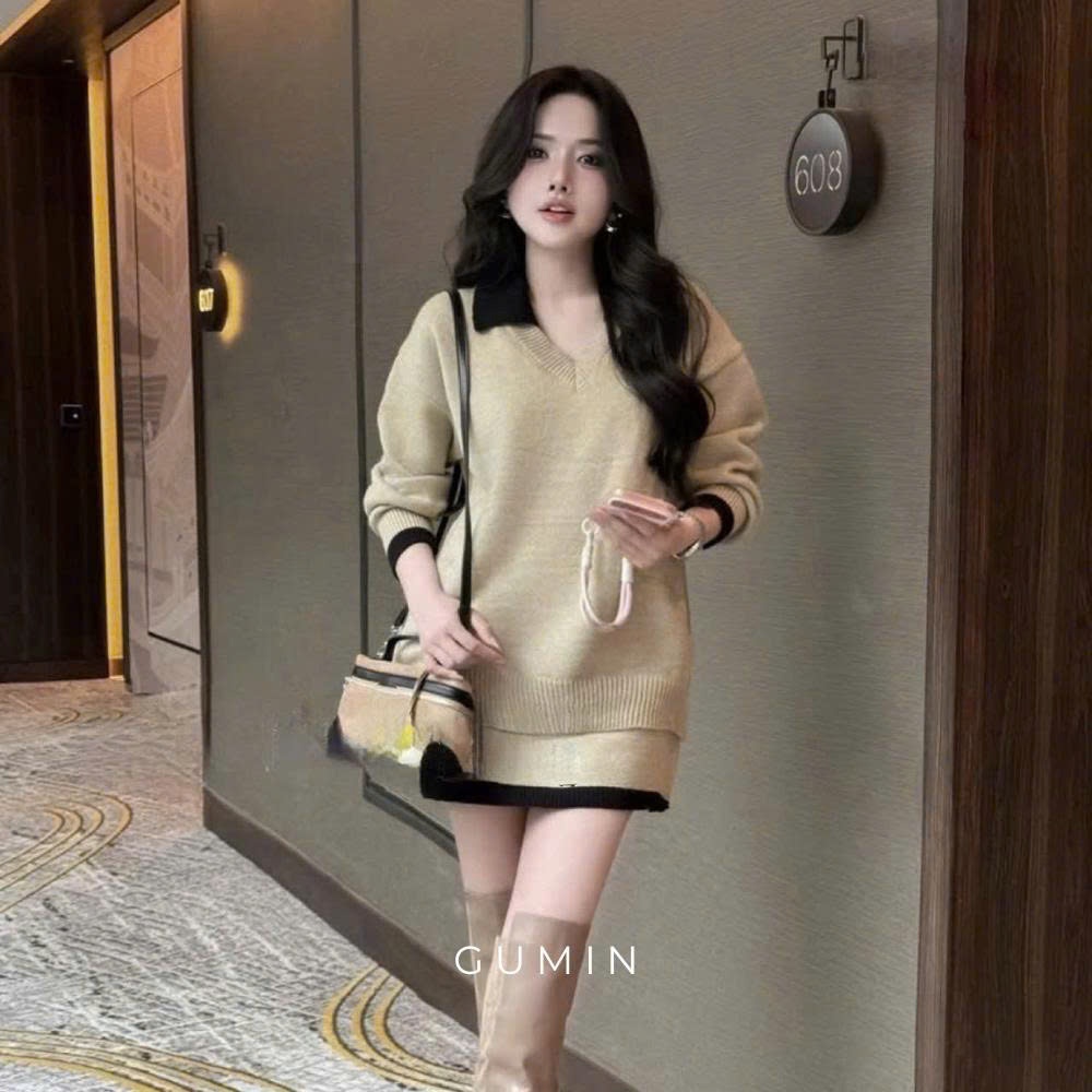Set áo váy len GUMIN thiết kế áo len suông phối cổ bẻ dáng thụng kèm chân váy dáng ngắn sang trọng thanh lịch