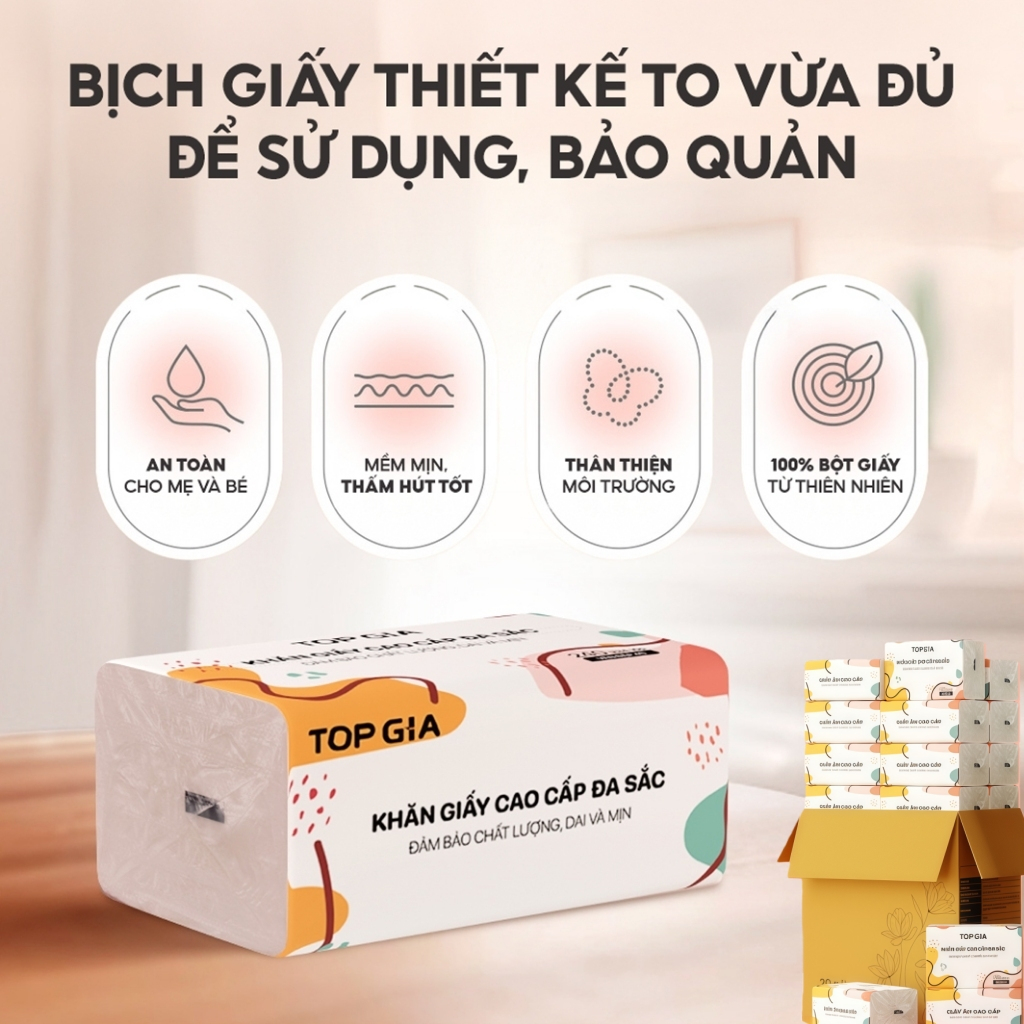 Giấy Ăn Rút Đa Sắc TOPGIA Cao Cấp, 240 Tờ 4 Lớp Dập Vân 4D, Mềm Mịn Thấm Hút, Thùng 20/40 Gói