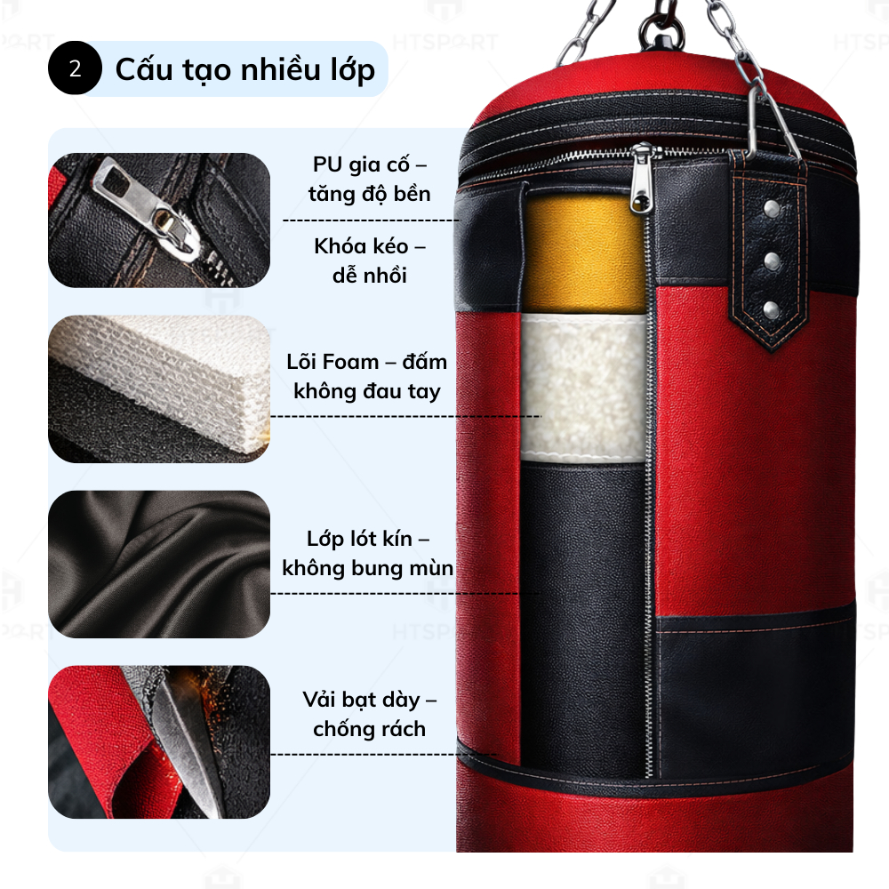 Vỏ Bao Cát Đấm Bốc Tập Võ BOXING 3 Lớp 150CM - 200CM Siêu Bền, Vỏ Bao BOXING